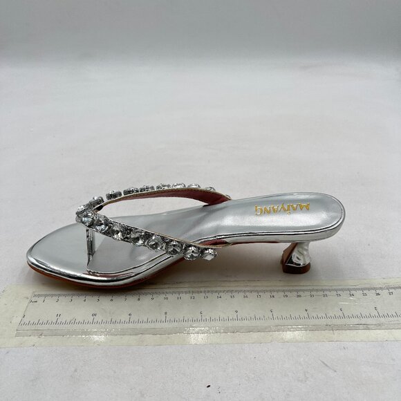 Maiyang Silver Open Toe Rhinestone Strappy Flip Flops Slip on Low Heel Sandals - Picture 2 of 8